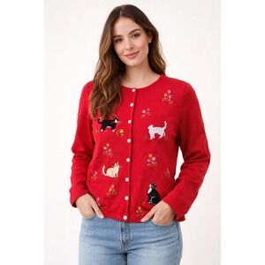 Northern Isles Red Embroidered Cat Cardigan Sweater Womens Medium Novelty Knit